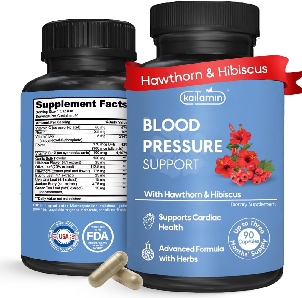 Blood Pressure Support - Natural Hawthorn, Hibiscus, Hvidløg & Olive Leaf - Heart Health & Circulation Support - B12, B6 - Vegan, Non- GMO - 90 Caps (3-måned Tilgang)