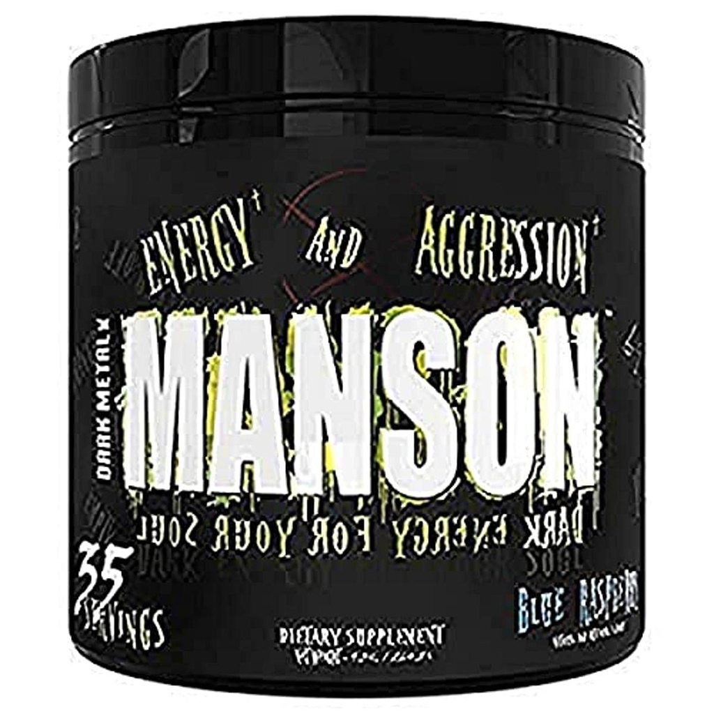 DARK METAL Inc. Manson High Stim Pre Workout Powder, Energy Focus Styrke, Indfyldt med Beta Alanine L- Carnitin Koffein Infinergy, 35 Srvgs, Blå Hindbær