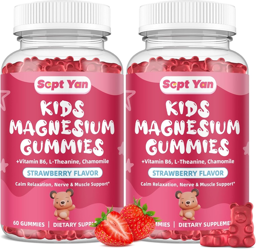(2 Pack) Magnesium gummies for kids - Magnesium citrat supplement med vitamin B6, L- theanin, kamille & Lemon Balm - Rolig Magnesium for børn og voksne søvn, afslapning - Jordbær, 120 gummies