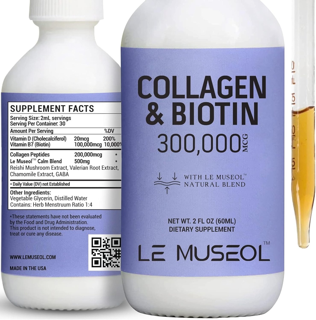 Flydende kollagen til kvinder, 300,000mcg Flydende biotin og kollagen kosttilskud dråber til hår, negle vækst glødende hud - 60ml