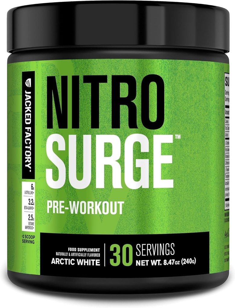 Jacked Factory NITROSURGE Pre Workout Supplement - Endless Energy, Instant Strength Gains, Clear Focus, Intense Pumps - NO Booster & Powerful Preworkout Energy Powder - 30 Servings, Arctic White