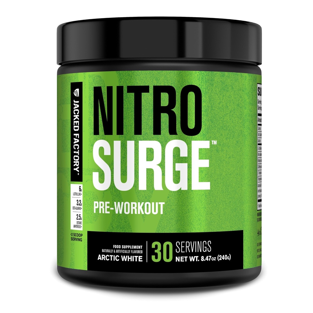 Jacked Factory NITROSURGE Pre Workout Supplement - Enless Energy, Instant Strength Gains, Clear Focus, Intensive Pumper - NO Booster & kraftfuld Preworkout Energy Powder - 30 Serveringer, Arctic White