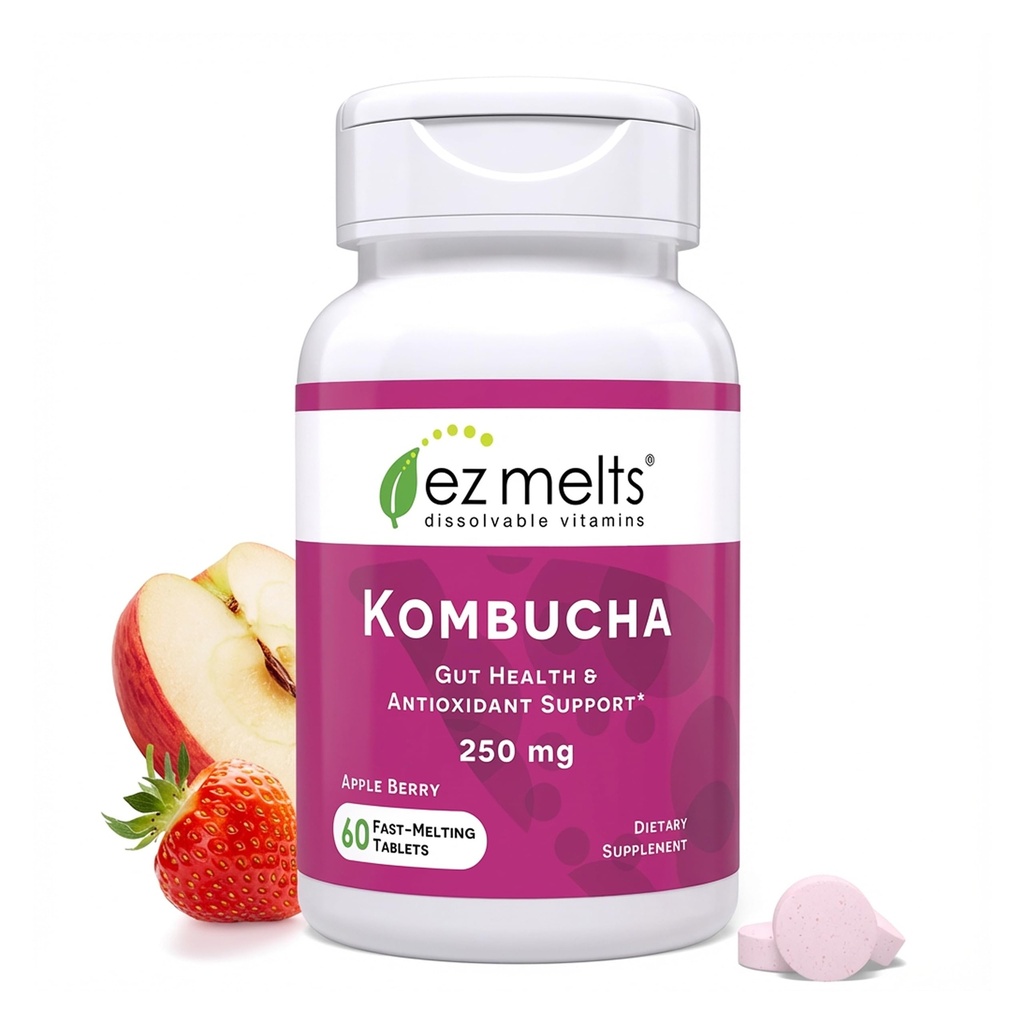EZ smelter opløselige sukker- gratis Kombucha tabletter med SCOBY & Apple Cider Vincils, Gut Health Kosttilskud til mænd og kvinder, Apple Berry Flavor, 2-måneders levering - 1 pakke