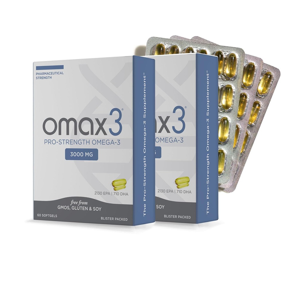 Omax3 Pro- Strength Ultra- Pure Omega-3 Fish Oil - 1000 mg - Maksimum Professional Joint & Muscle Support - EPA DHA - NSF Certified - 60 / per Softgel Blister (pakke med 2)