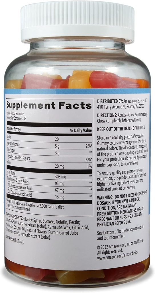Grundlæggende Fish Oil 303 mg, Lemon, Orange & Strawberry- Banana Flavors, 90 Gummies (2 per Serving), EPA og DHA Omega-3 fedtsyrer (Tidligere Solimo) (Pack of 2)