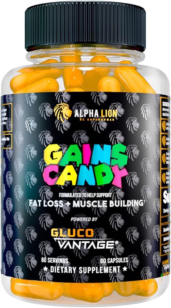 ALFA LION Gains Candy, supplement piller, der understøtter vægttab, muskeltræning, nedsat kropsfedt, opgradering af energi & workout ydeevne, 60 kapsler (DHB Berberine- GlucoVantage ®)