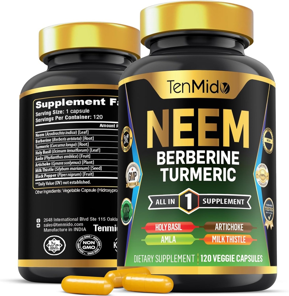 Neem Leaf supplement - 8in1 Formel - Kombiner med berberine, gurkemeje, Holy Basil, Amla, Artiskoke, Milk Thistle, og Black Pepper - immunforsvar - 120 kapsler til 4 måneder levering