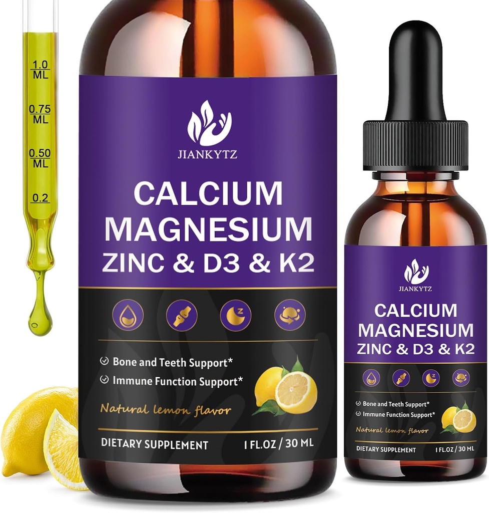 (2 Pack) Calcium Magnesium Zink flydende dråber til kvinder og mænd - Knogler & tænder, immunforsvar, flydende calcium supplement med Magnesium Glycinat, C-vitamin D3 K2 B6 og Sea Moss 124; Sukker fri