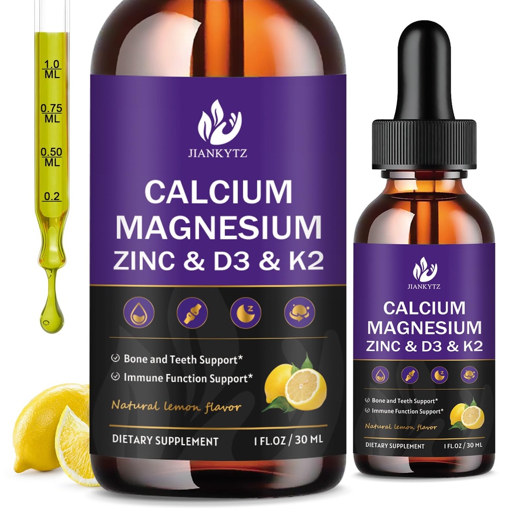 (2 Pack) Calcium Magnesium Zink flydende dråber til kvinder og mænd - Knogler & tænder, immunforsvar, flydende calcium supplement med Magnesium Glycinat, C-vitamin D3 K2 B6 og Sea Moss 124; Sukker fri