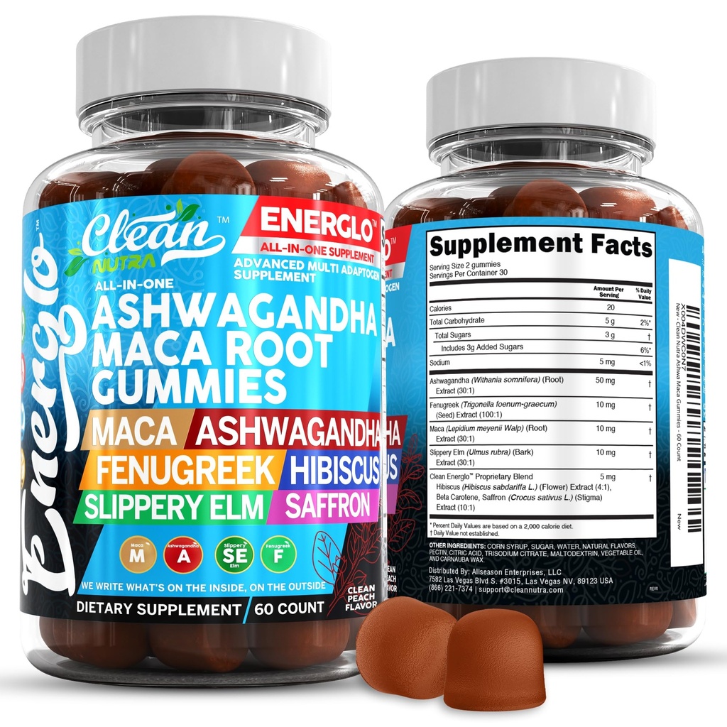 Ashwagandha Maca Root Gummies med fenugreek Hibiscus Slippery Elm Saffron Extract & Beta Caroten Mex124; Peach Flavor Vegan Vitaminer Adaptogen Cortisol Supplement Energilo af Clean Nutra