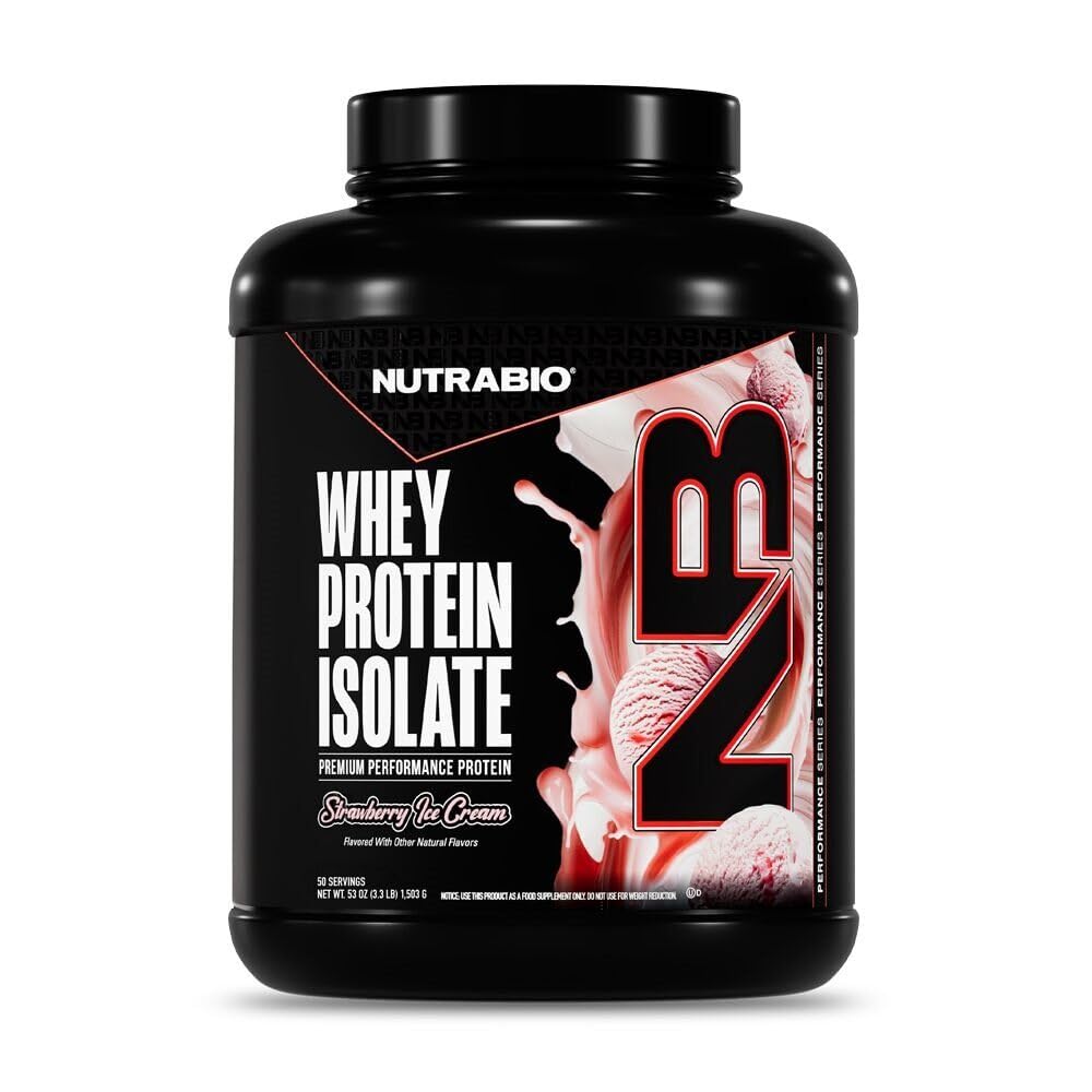 NutraBio 100% Whey Protein Isolate Protein Powder, 25g Protein med Komplet Aminosyreprofil, Soja og Gluten Free, Lav Carb og Lav Calorie Whey Protein Powder, Jordbær Is, 5 Lbs.