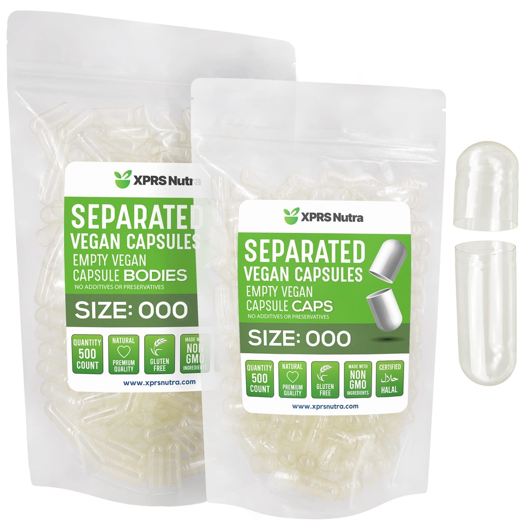 XPRS Nutra Vegan Size 000 Separated Capsules- 500 Count Premium Empty Caps Separated in Bags - Clear Empty Capsules - 000 Pills for DIY Supplement Filling