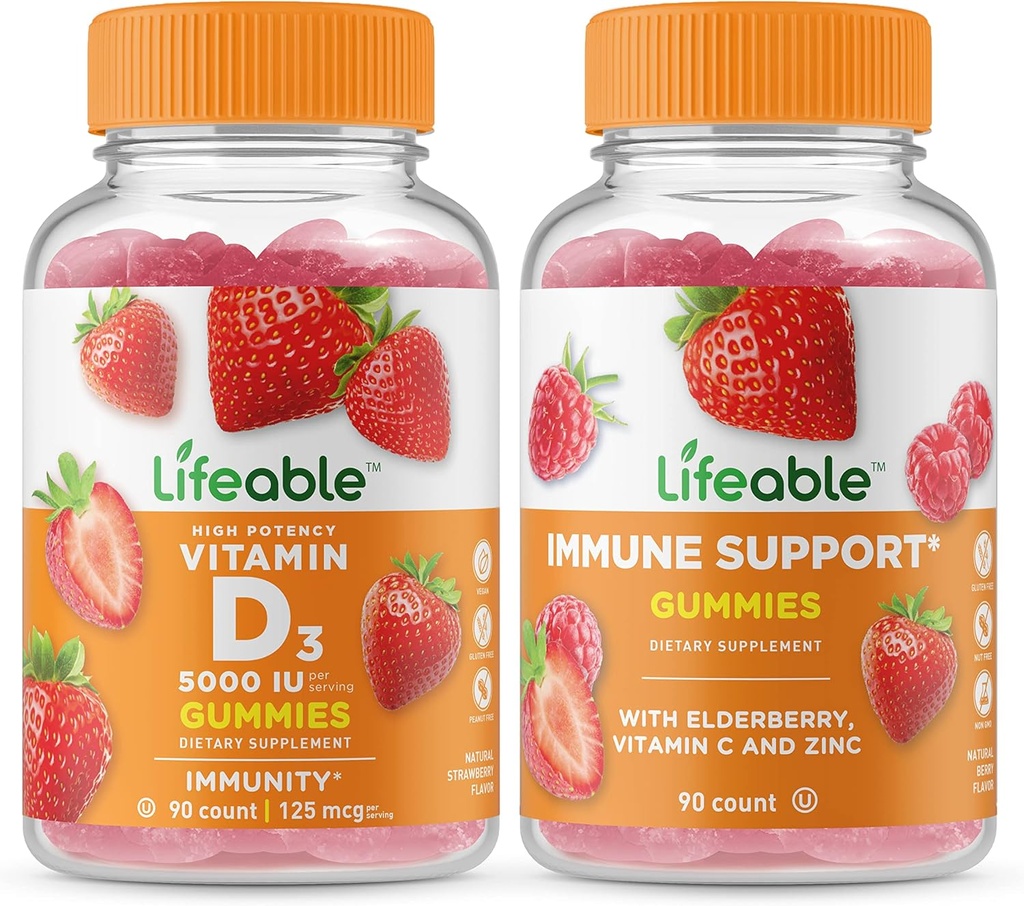 Lifeable Vitamin D 5000 IE + immunstøtte, Gummies Bundle - Great Tasting, Vitamin Supplement, Gluten Free, GMO Free, Chewable Gummy