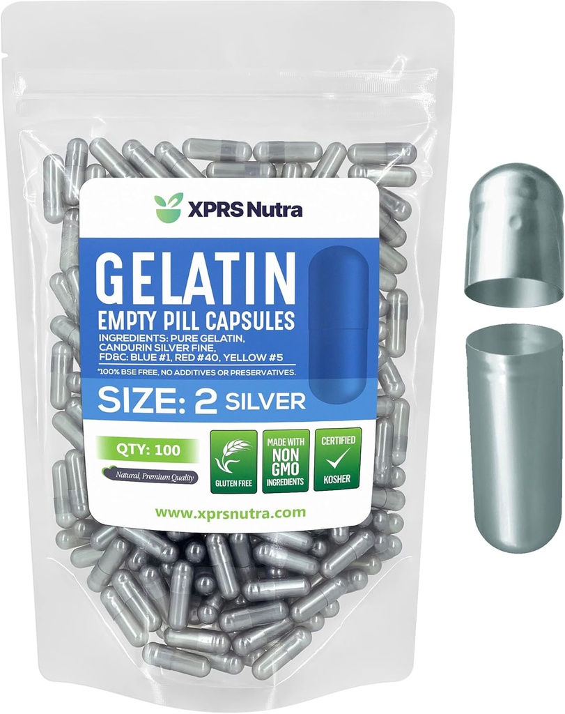 XPRS Nutra Størrelse 2 Tomme kapsler - 100 Tomme Gelatine kapsler - Piller gør det selv Capsule Fyldning - Pure Bovin Pille Gel Caps til Do- It- Yourself Kosttilskud (Sølv)