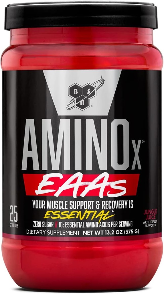 BSN Amino X EAA, Muscle Recovery and Endurance, 10g essentielle aminosyrer, 5g BCAA, Zero Sugar, Coffein Free, Jungle Juice, 13.2oz, 25 Servere
