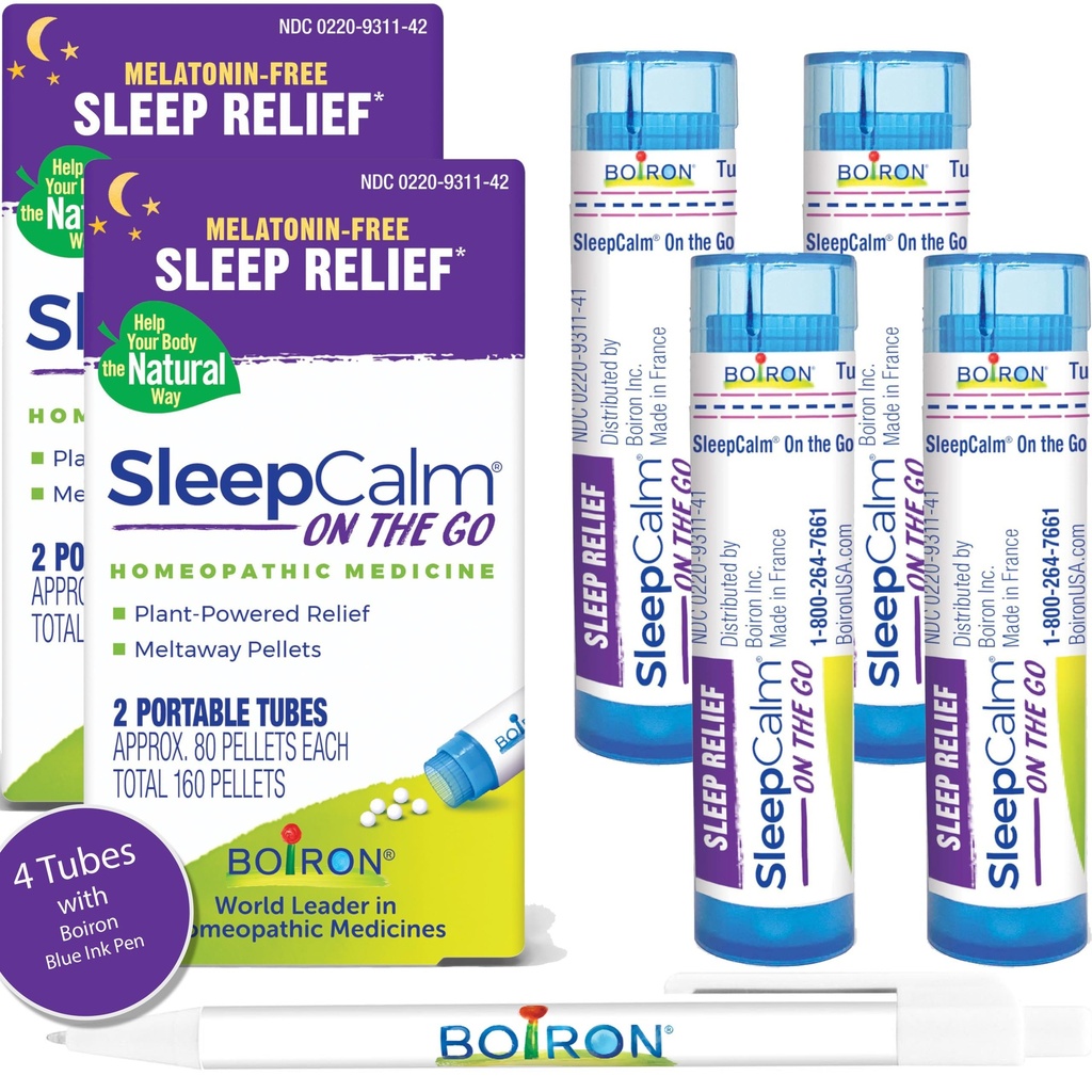Boiron SleepCall On Go Sleep Aid til dyb, afslappende, rolig nattesøvn - Melaton- fri og ikke habitatdannelse - 80 greve per tube - 4 rør med blå pen