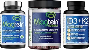 Magtein Magnesium L- Threonate 60 kapsler, Magceutika Voksengummier 150 greve, D3- vitamin K2 30 kapsler - Bundle