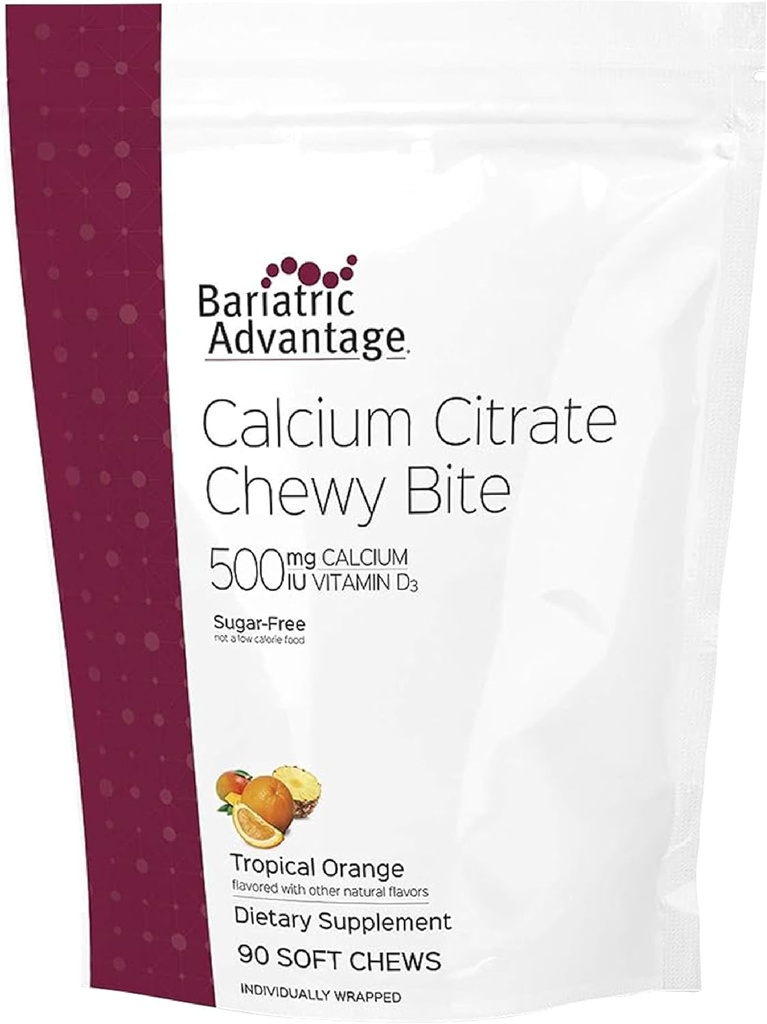 Bariatric Advantage Calcium Citrate Chewy Bites 500 mg - Højt Absorberbare & fordøjelige - Vitamin D3 - Nemt Chewable Calcium supplement - Tropical Orange - 90 Tæl