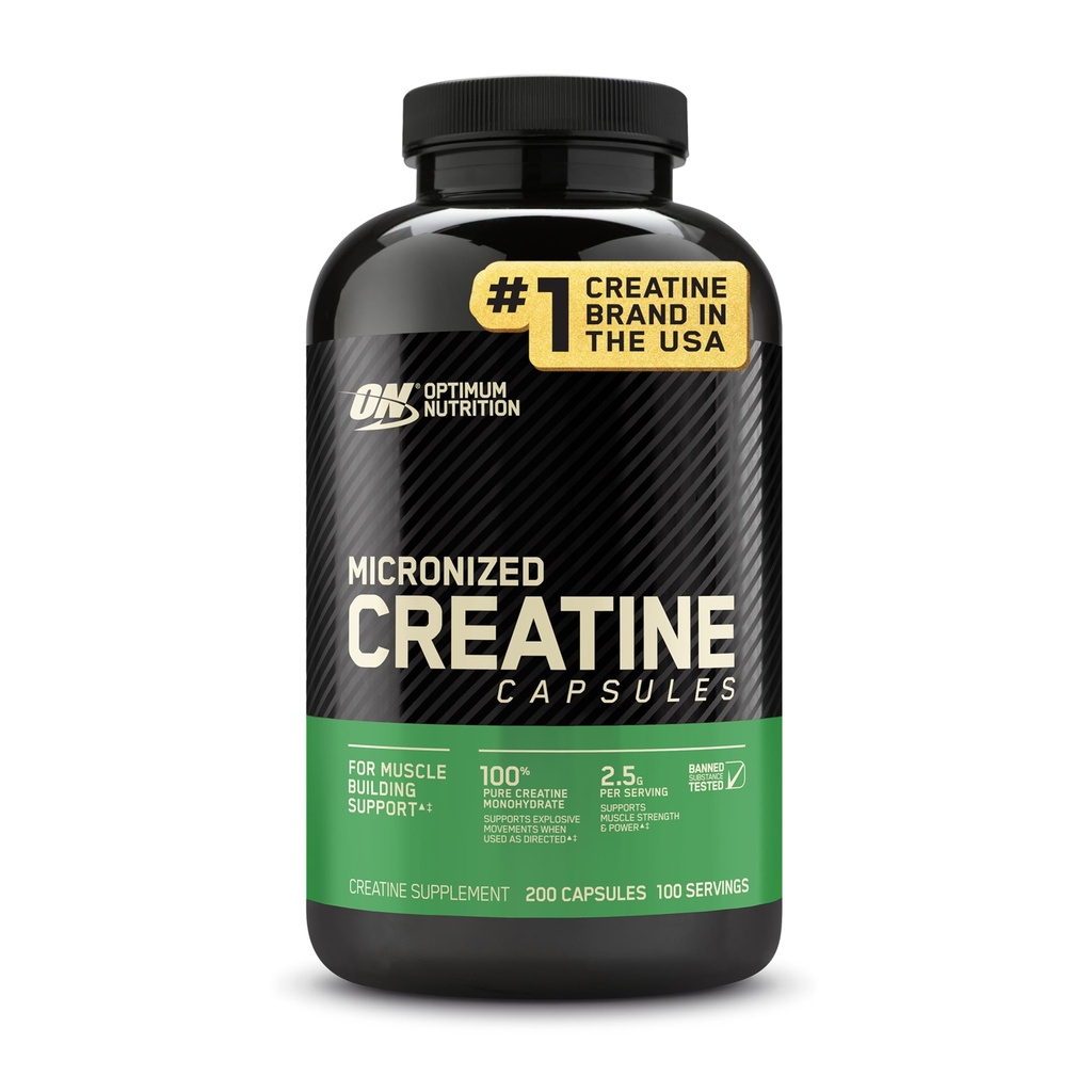 Optimum Nutrition Mikroniseret Creatin monohydrat kapsler, Keto Friendly, 2500mg, 200 kapsler (Emballage May Vary)