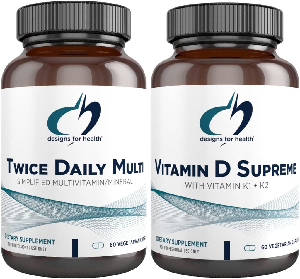 Design for sundhed Multivitamin + D-vitamin / K supplement Bundle - to gange dagligt Multi (60 kapsler) med D-vitamin Supreme (60 kapsler) 5000 IE D3-vitamin