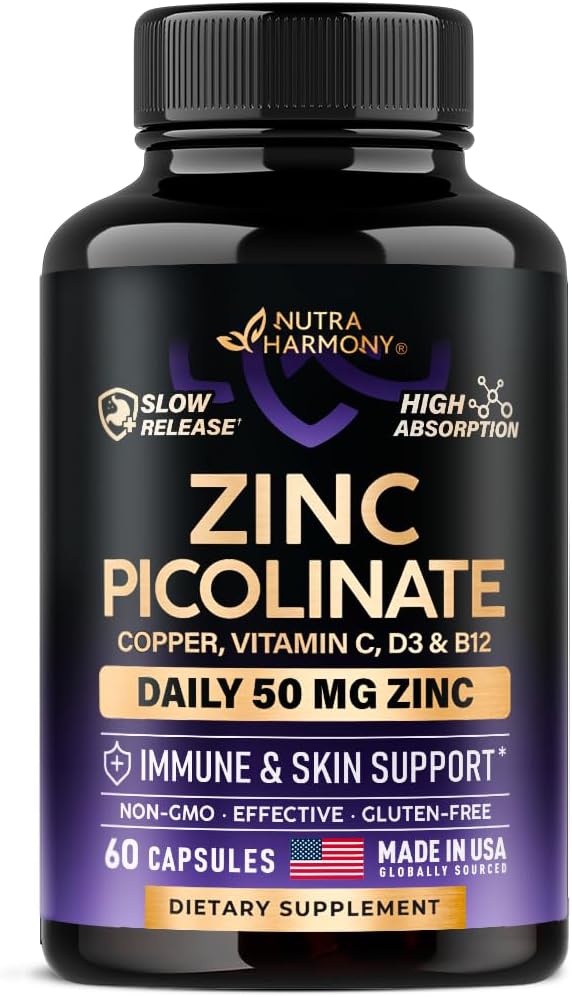 Zink picolinat 50mg - Zink tillæg med kobber, D3- vitamin & B12 - Mavesæk Friendly - 124; Slow Release - immunforsvar & hudsundhed - Høj Absorption med BioPerine & C-vitamin - 60 kapsler