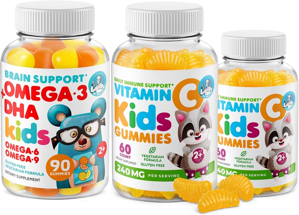 Omega-3 DHA Gummies & C-vitamin Gummies for børn og voksne - Immunstøtte, Lav- Sukker, Gelatin- fri, Vegetarisk, Chewable Vitaminer for tandlæger