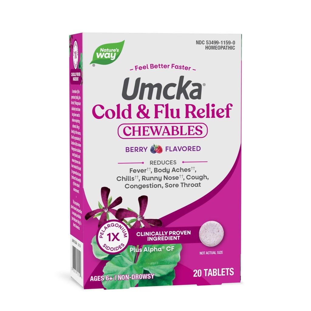 Nature 's Way Cold + Flu Relief, Umcka, Shortens Varighed og Reducerer Severity, Multi- symptom Relief, Homøopatisk, Phenylephrine Gratis, Non- Drowsy, Berry Flavored, 20 tyggetabletter (Packaging May Vary)