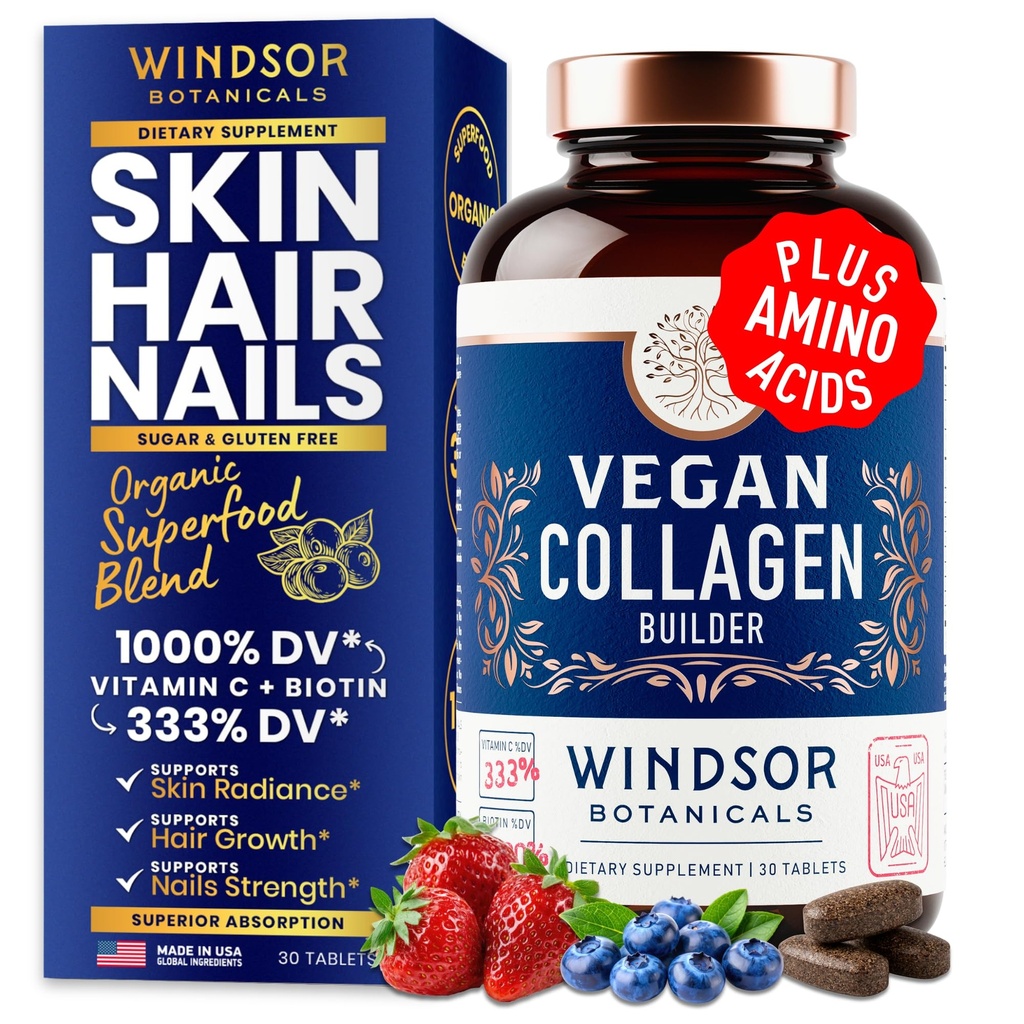 Vegankollagen til kvinder og mænd Kosttilskud - C-vitamin, biotin, aminosyrer Glycin, Lysin, Proline, Økologisk Frugt & Vegetabilske Pulver - En gang om dagen - 30 Plant baserede kollagen Boost tabletter