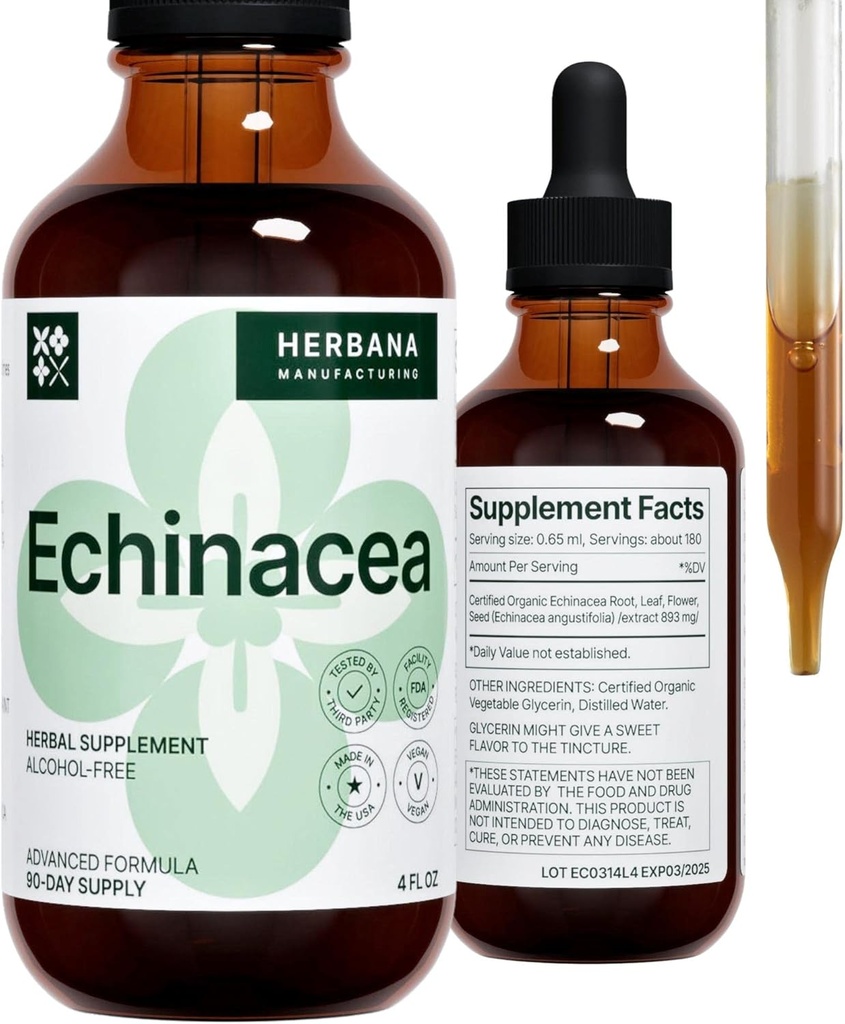 Echinacea 4 fl oz Liquid Extract - Organic Root, Leaf, Flower, Seed - Natural Herbal Supplement - Krop, Immunsystemet Support Tinktur - High Potency Drops - 90- Day Supply - Familie størrelse