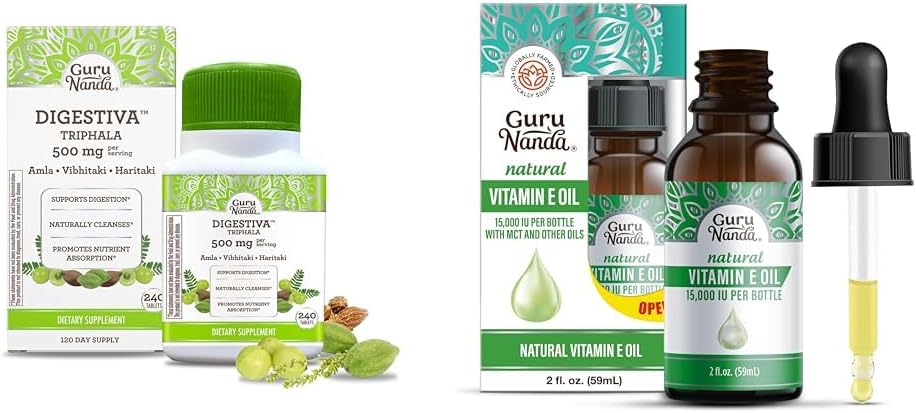 GuruNanda Digitiva Triphala (240 tabletter) & E-vitamin Oil (2 Fl Oz) - Understøtter fordøjelse, hjælper med Bloating & Forstoppelse, Kosttilskud med Amla, Haritaki & Bibhitaki