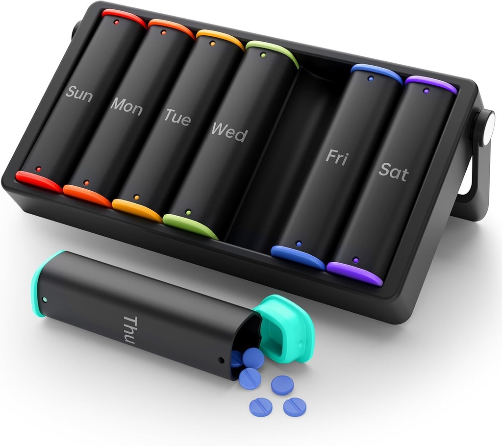 Ugentlig Pill Organizer 2 gange om dagen, KOVIUU Stor rejse Pill Box 7 dag, Am Pm to gange daglig Pill sag med roterende håndtag, Uge Pill Holder Container for Vitamin Medicin Supplement Fish Oil, Sort