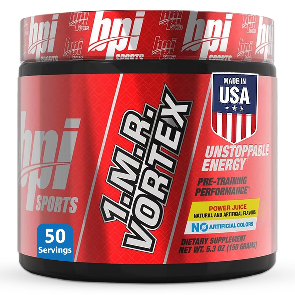 BPI Sports 1.M.R Vortex Pre Workout Powder - High Stim Preworkout for Mænd og kvinder med Glycerol, Koffein, Niacin og Urteudtræk - Energi, Focus & Endurance - Power Juice - 50 Serveringer