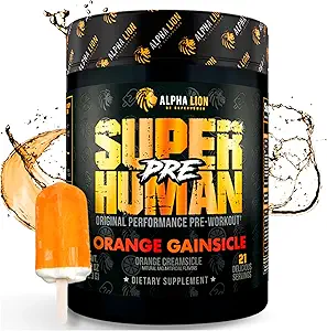 LION Superhuman Pre Workout Powder, Beta Alanine, L- Taurine & Tri- Source Coffein for Sustained Energy & Focus, Nitro- oxid & Citrullin for Pump (21 Servere, Orange Gainsicle)