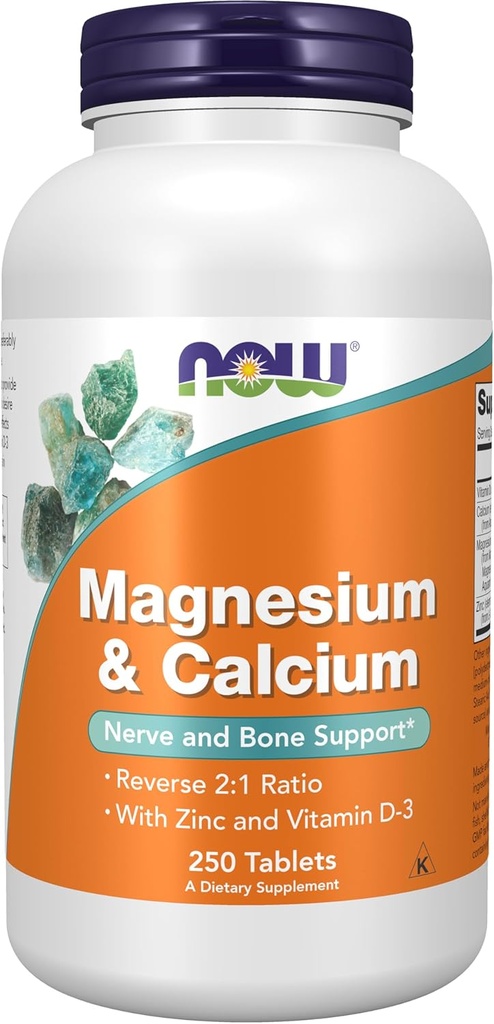Now Foods Supplements, Magnesium & Calcium, Med zink og vitamin D-3, Nerve og ben Support *, 250 tabletter