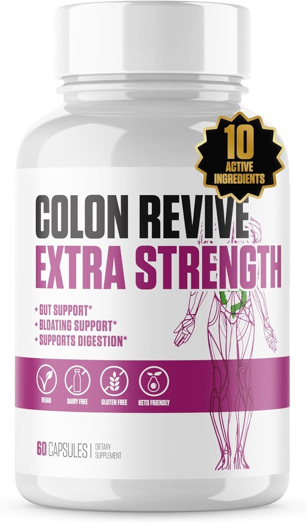 Colon Revive Extra Strength Note 124; # 1 Rate Colon Cleanse & Detox Supplement Note 124; Fordøjelsesstøtte, Reducere bloating, Forstoppelse Relief w / Buckthron, Alfalfa, Aloe Vera + Mere for mænd og kvinder - 60 piller
