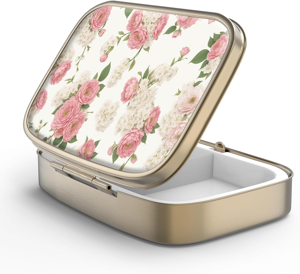 Pill Case Pill Box with Mirror Retro 2 Compartment Small Pill Case for Purse or Pocket Bronze Rectangular Pill Box or Vitamins, Fish Oil, Supplements, Pill Containe Travel Gifts（Retro Pink Floral）
