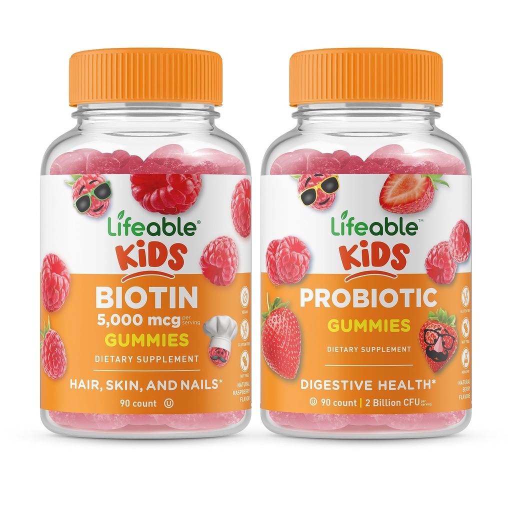 Livbare Biotin Kids + Probiotiske 2 Millioner CFU Kids, Gummies Bundle - Great Tasting, Vitamin Supplement, Gluten Free, GMO fri, Chewable Gummy