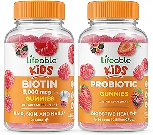 Lifeable Biotin Kids + Probiotic 2 Billion CFU Kids, Gummies Bundle - Great Tasting, Vitamin Supplement, Gluten Free, GMO Free, Chewable Gummy