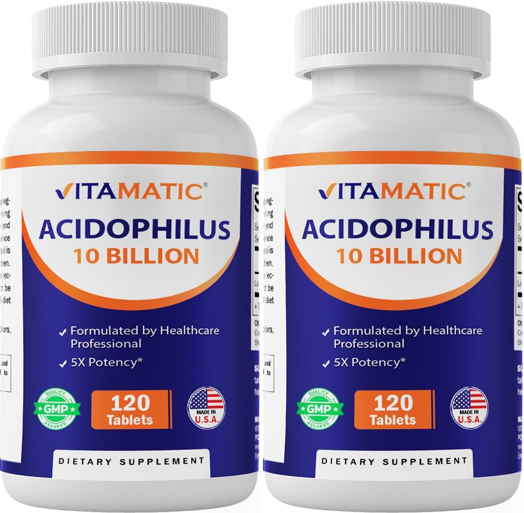Vitamatic 2 Pakker Acidophilus Probiotic - 10 Millioner CFU - 120 tabletter - 5X potens - Dagligt probiotisk supplement, understøtter fordøjelsessygdomme (alt 240 tabletter)