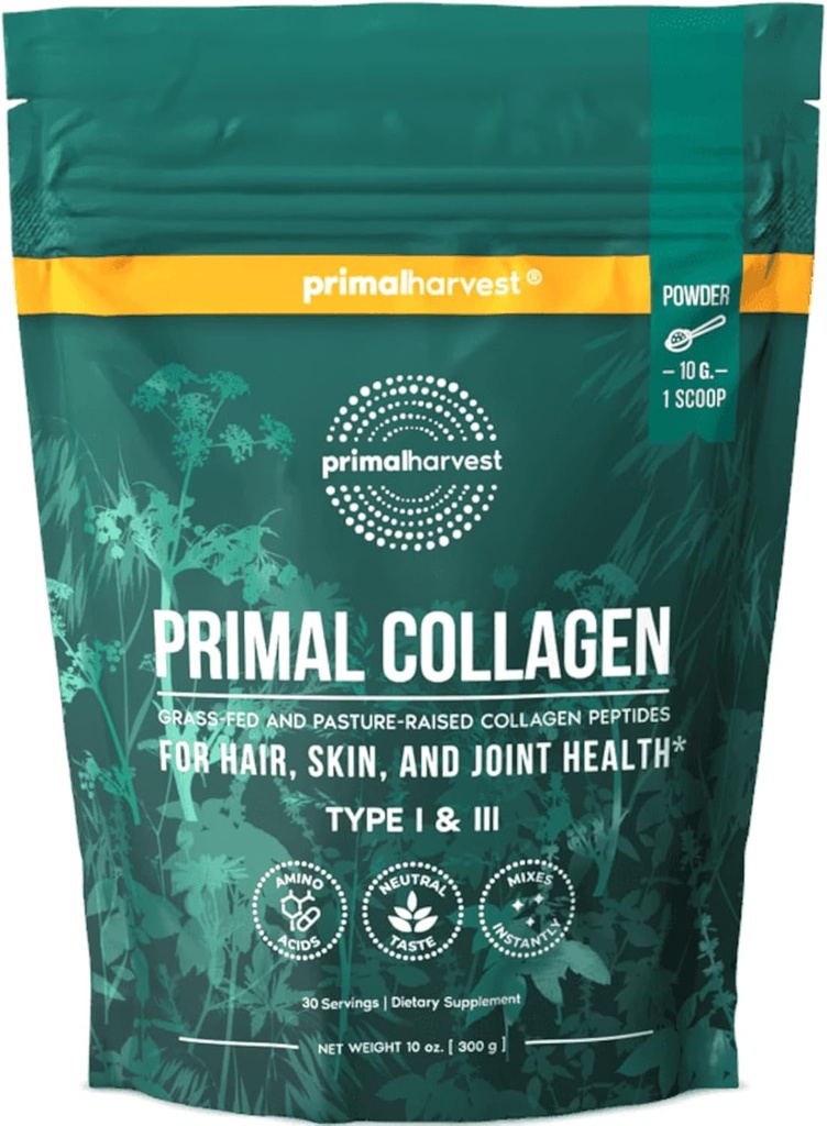 Primal Harvest Collagen Pulver til kvinder eller mænd Primal Collagen Peptider Pulver Type I & III, 10 Oz Collagen Protein Pulver til hår, hud, negle (enkelt, uden smag)