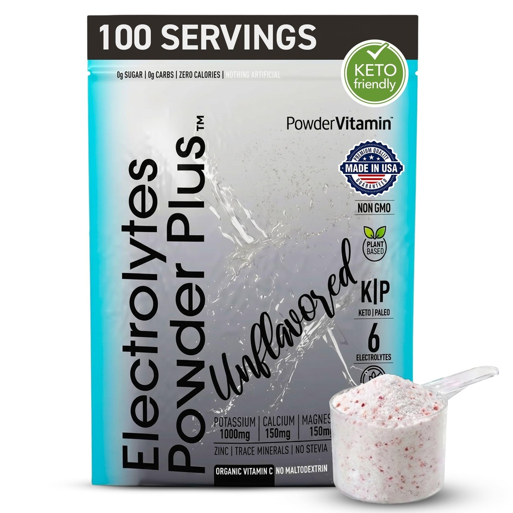 PowerVitamin Unflavored Electrolytes Powder No Sugar for Daily Energy - Keto Electrolytes - Hydration Powder med 1000mg kalium, 120mg calcium, Magnesium, No Stevia, 100 Servere