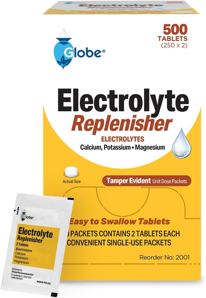 Globe Electrolyte Erstatningstabletter til hurtig hydrering og øvelse Inddrivelse (500 tabletter, 250 pakker af 2) for atleter, Vandreture & Sport, Rejsepakker med vigtige næringsstoffer til optimal holdbarhed