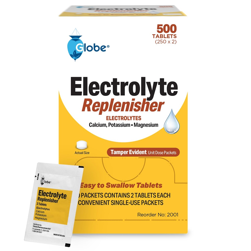 Globe Electrolyte Erstatningstabletter til hurtig hydrering og øvelse Inddrivelse (500 tabletter, 250 pakker af 2) for atleter, Vandreture & Sport, Rejsepakker med vigtige næringsstoffer til optimal holdbarhed