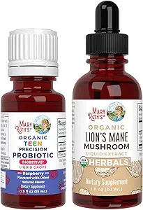 MaryRuth Organics Precision Probiotic Drops for Teens (Raspberry) & Lions Mane Dryps against 124; USDA Organisk Measures 124; Vitamin til Gut Health, Kognitiv Support, & Samlet Wellness Measures 124; Vegan, Non-GMO, Gluten Free