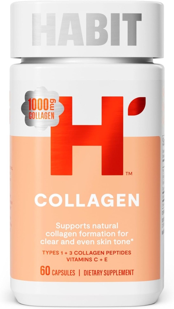 Habit Collagen Supplement (60 Capsules) - New Look, 2000mg Collagen Peptides, Vitamin C & Vitamin E, Skin Health, Antioxidants, Non-GMO, Gluten Free (1 Pack)