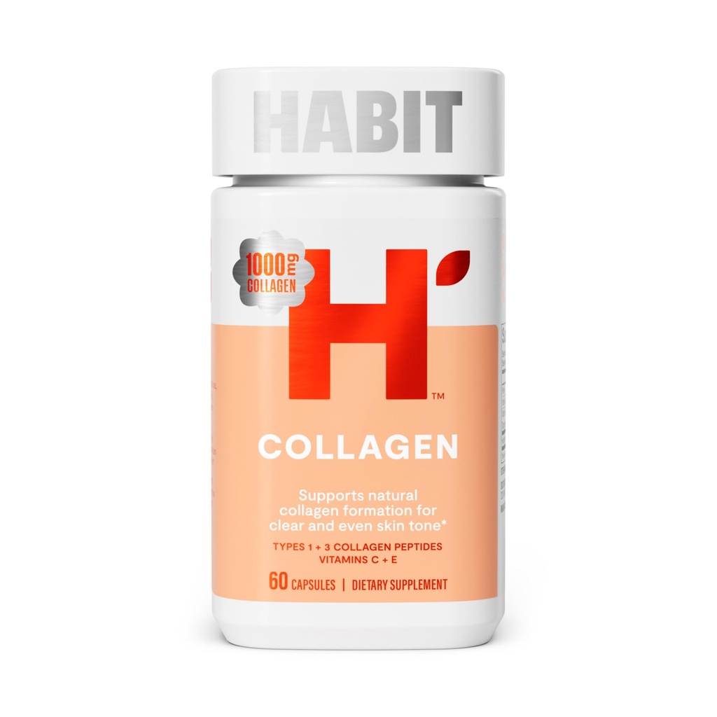 Habit Collagen tillæg (60 kapsler) - Nyt udseende, 2000mg Collagen peptider, C-vitamin & E-vitamin, hudsundhed, antioxidanter, non-GMO, gluten fri (1 pakke)