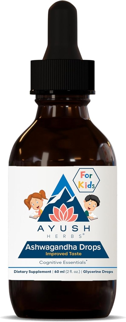 Ayush Herbs Ashwagandha Drops for børn og voksne - Alkohol- Gratis Ashwagandha Drops, Calming Daily Supplement for rolig fokus med økologiske Ashwagandha, Lemon Flavor - 2 Fl Oz (80 Servere)
