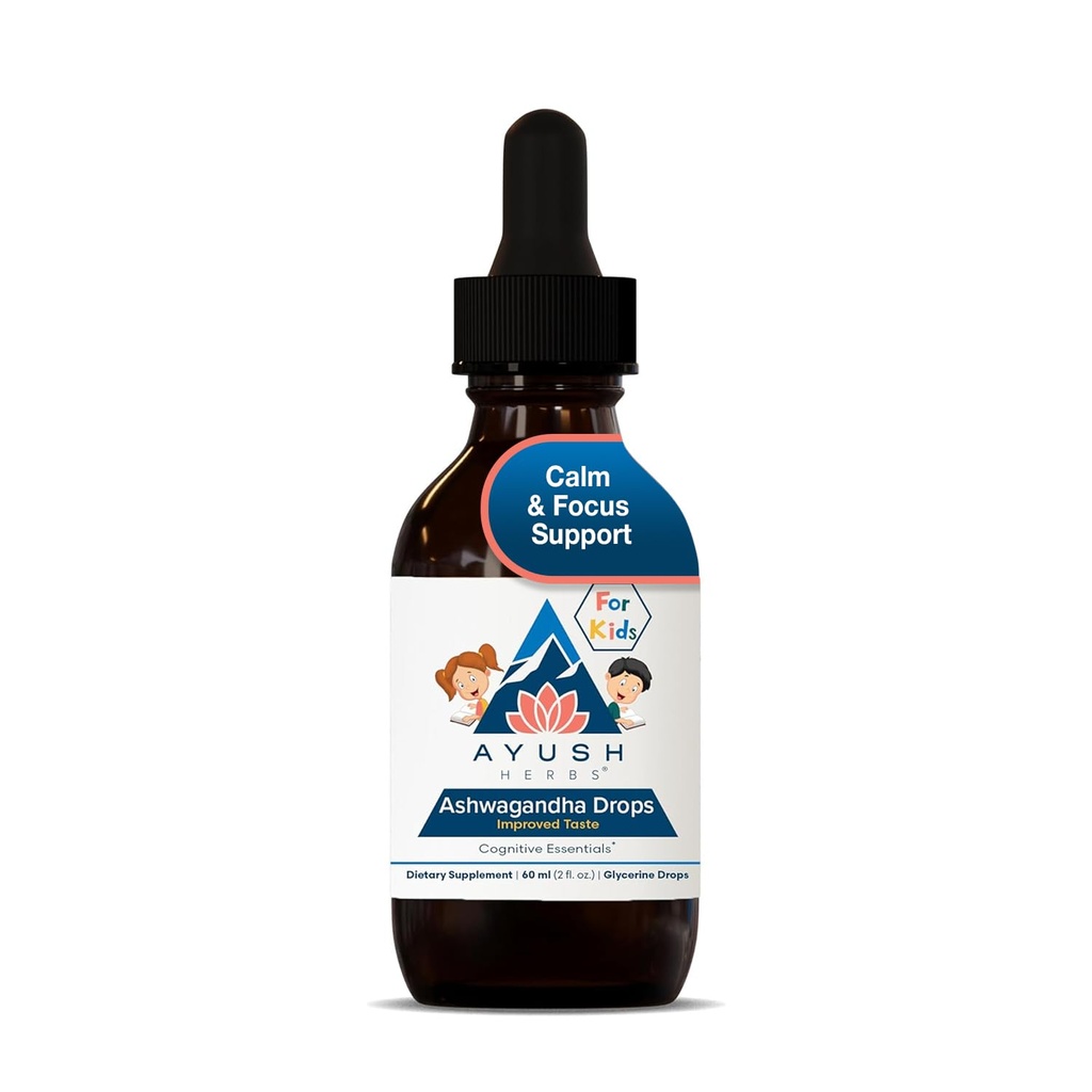 Ayush Herbs Ashwagandha Drops for børn og voksne - Alkohol- Gratis Ashwagandha Drops, Calming Daily Supplement for rolig fokus med økologiske Ashwagandha, Lemon Flavor - 2 Fl Oz (80 Servere)