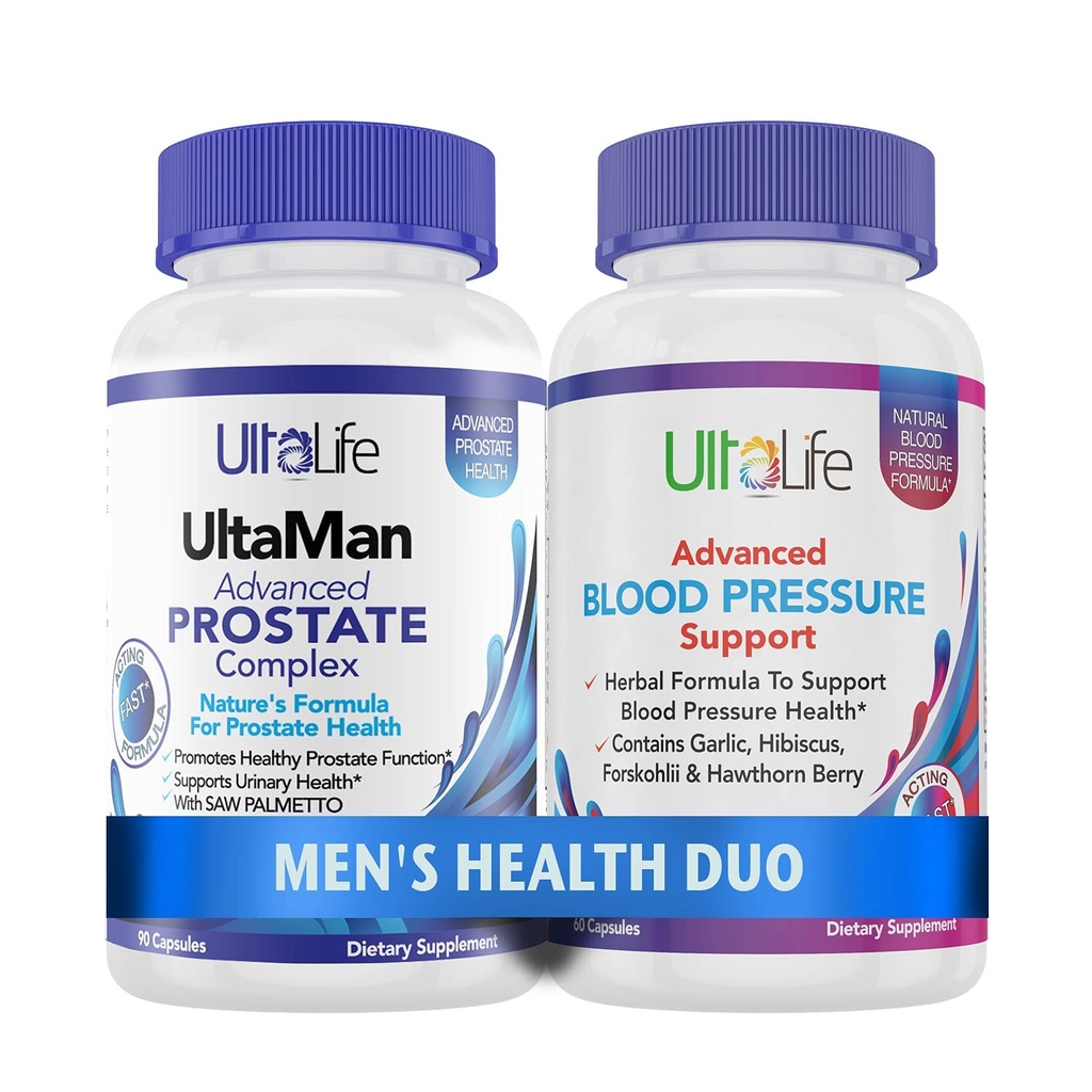 ULTALIFE Mænds sundhed Duo - 2 flasker - En Prostate Support Kompleks med Saw Palmetto & Beta Sitosterol & En HØJT Blodtryk tillæg med hvidløg & Hawthorn Berry Fast- Fungerende kapsler til mænd