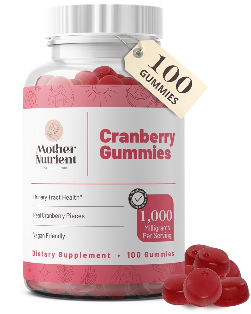 Moder Nutrient Cranberry Gummies Supplement til Kvinder & Kids - Urinære Tract Health- Mindre Tart & 90% mindre sød, Gluten- fri, Non- GMO, Vegan - Pure Cranberry Extract 1000mg - 100 Greve.